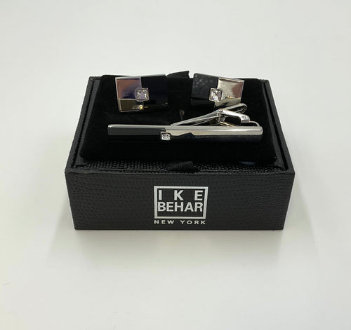 Black and Silver Square Cufflinks and Tie Bar