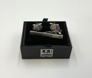 Gunmetal and Black Striped Cufflink and Tie Bar