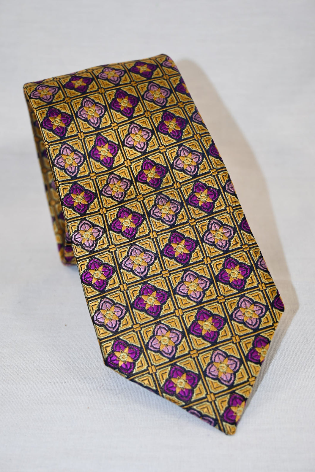 Purple and Gold Floral Diamond Pattern Tie