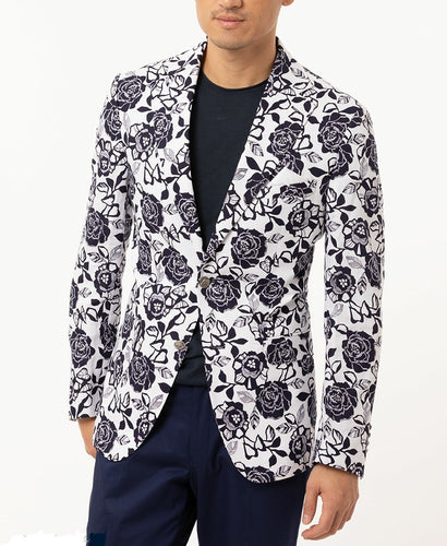 White and Blue Rose Print Dinner Jacket